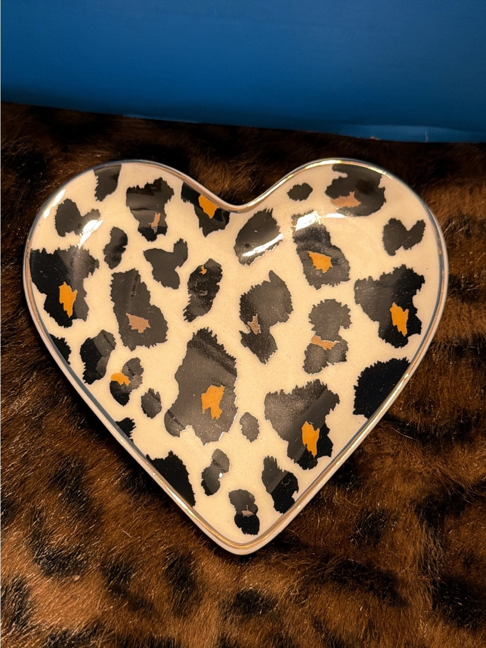Source Unknown Heart Trinket Dish in Black, White, and Gold Leopard Print